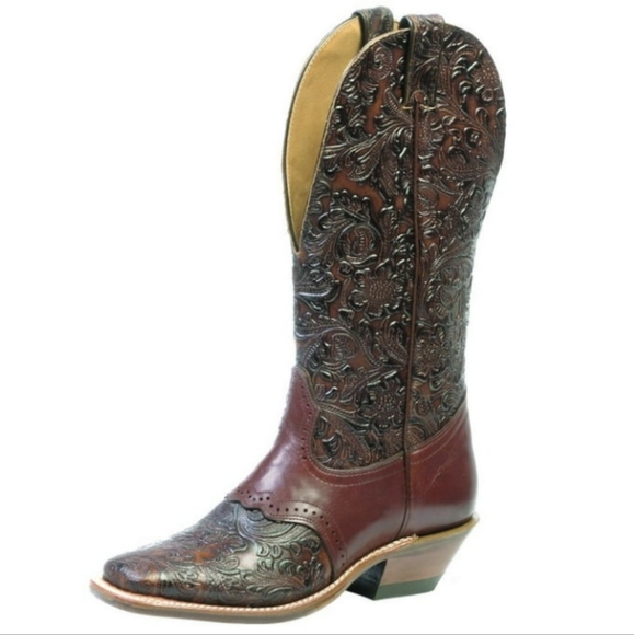 BOULET ladies hand tooled leather cowboy western boots square toe wide c… - Picture 3 of 16